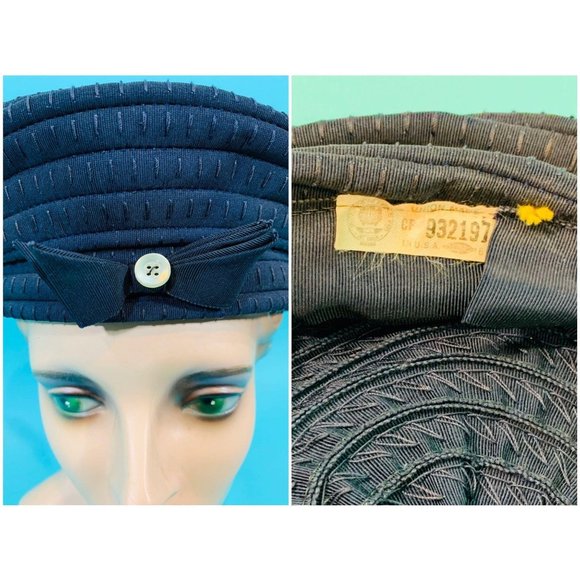 Vintage 1940s Navy Hat Blue Bow Button Round Beret - Picture 6 of 9